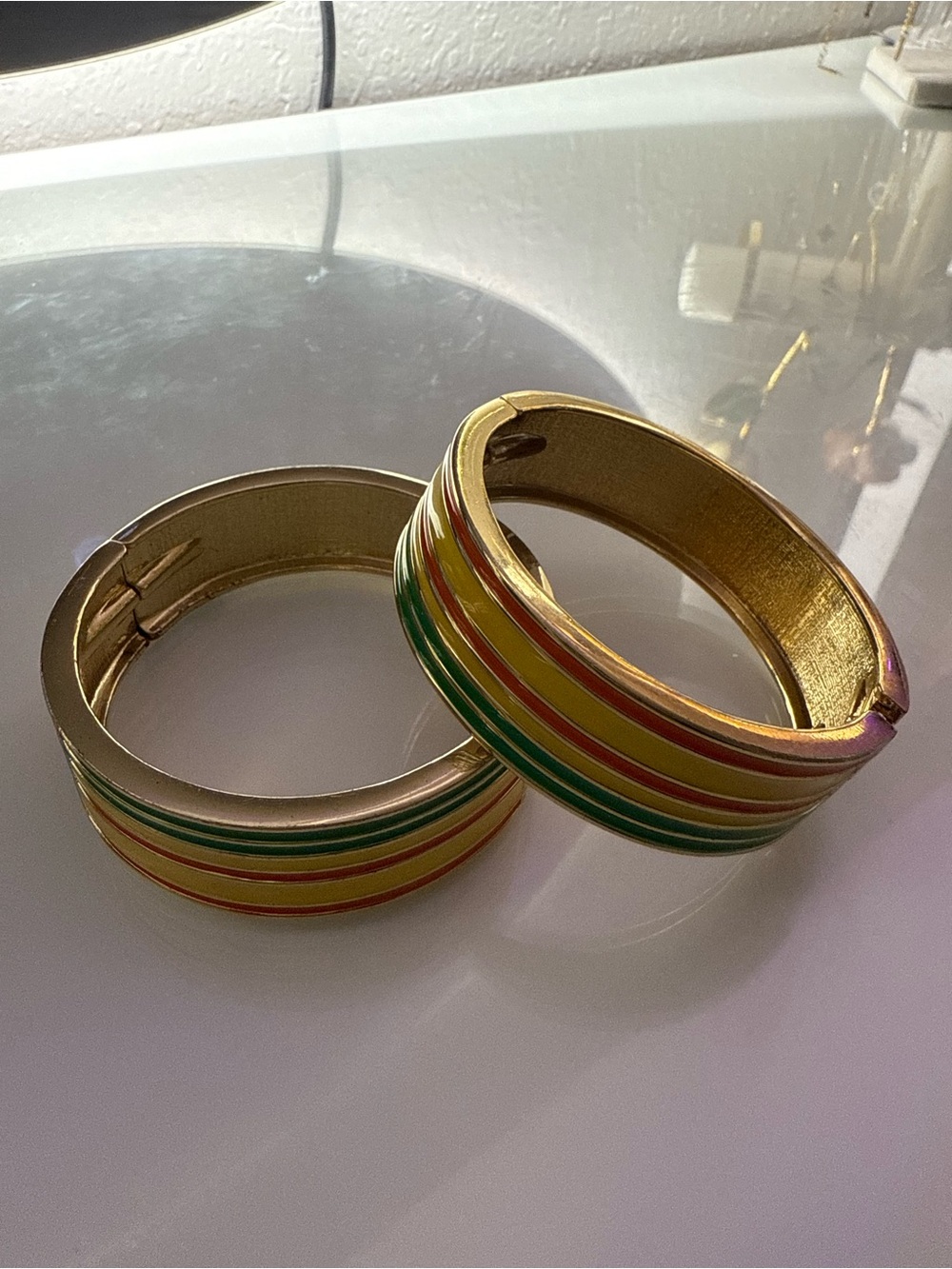 Gold-Tone Hoop Earrings with Green and Yellow Enamel Stripes